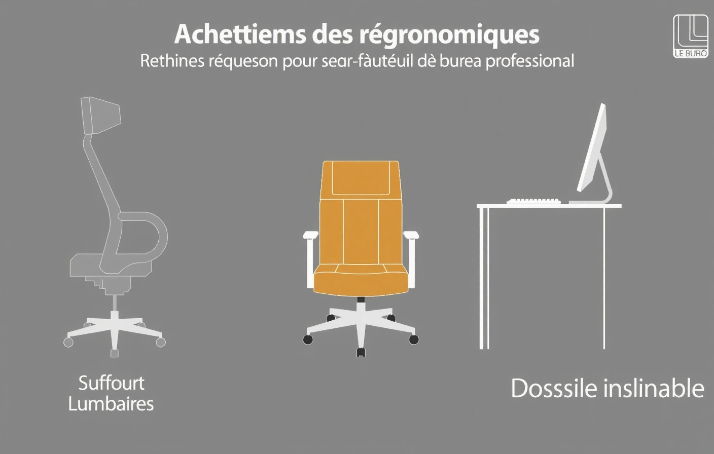 Schéma des réglages ergonomiques d'un fauteuil de bureau professionnel avec accoudoirs réglables, soutien lombaire et dossier inclinable